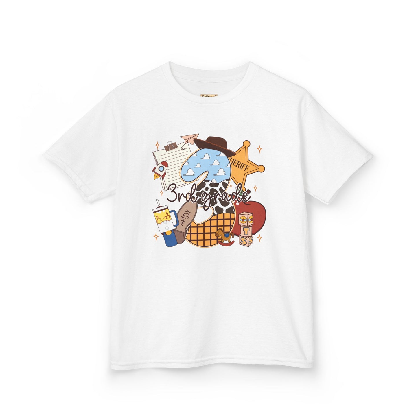 Kids Tee — 3rd Grade School Life Graphic (apple, donut, sheriff star)