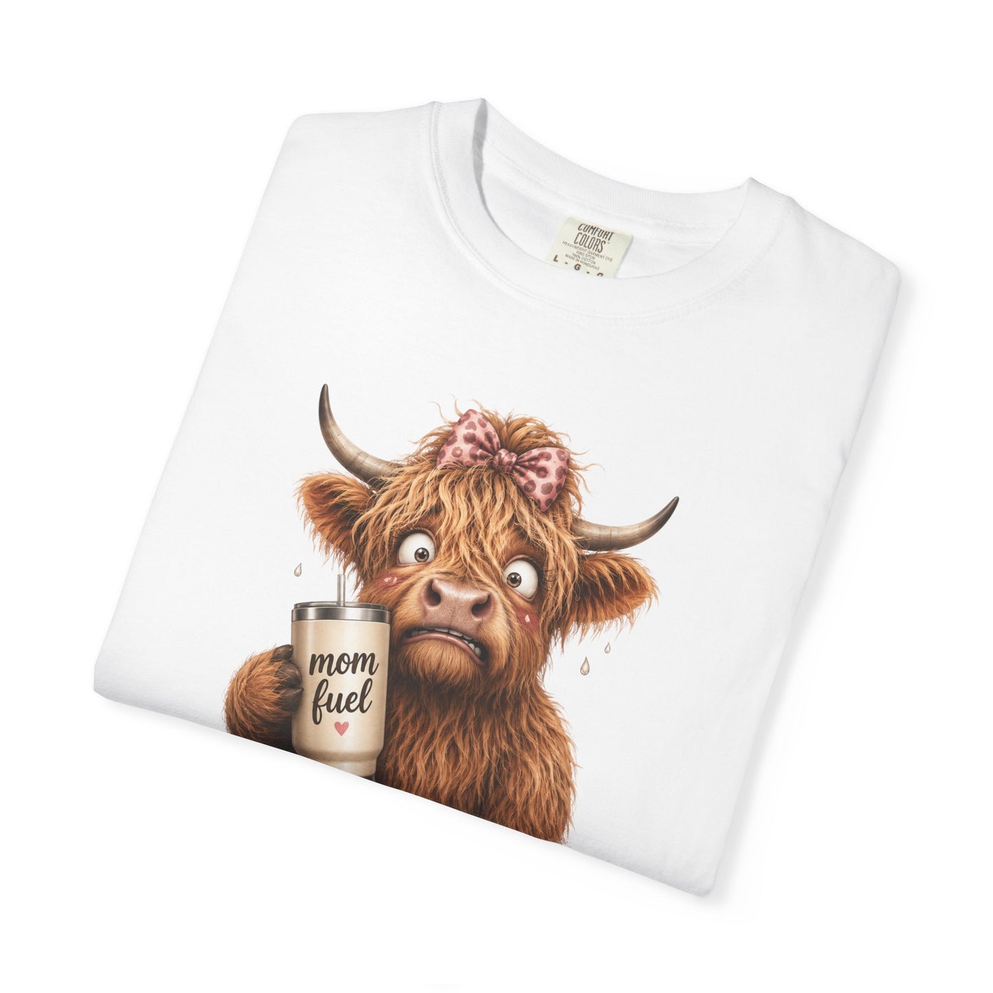 Anxiety Loading T-Shirt — Cute Highland Cow with 'Mom Fuel' Mug