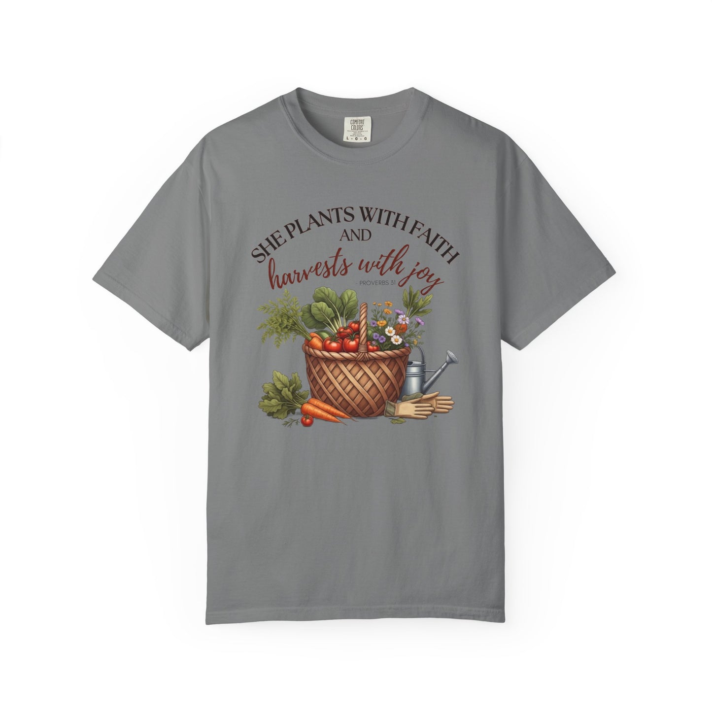 She Plants With Faith Garden T‑Shirt — Harvests With Joy Floral Basket Tee