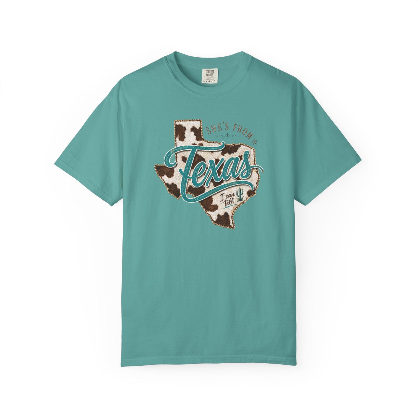 Texas Cowhide Graphic T-Shirt — "She's From Texas" Retro Western Tee