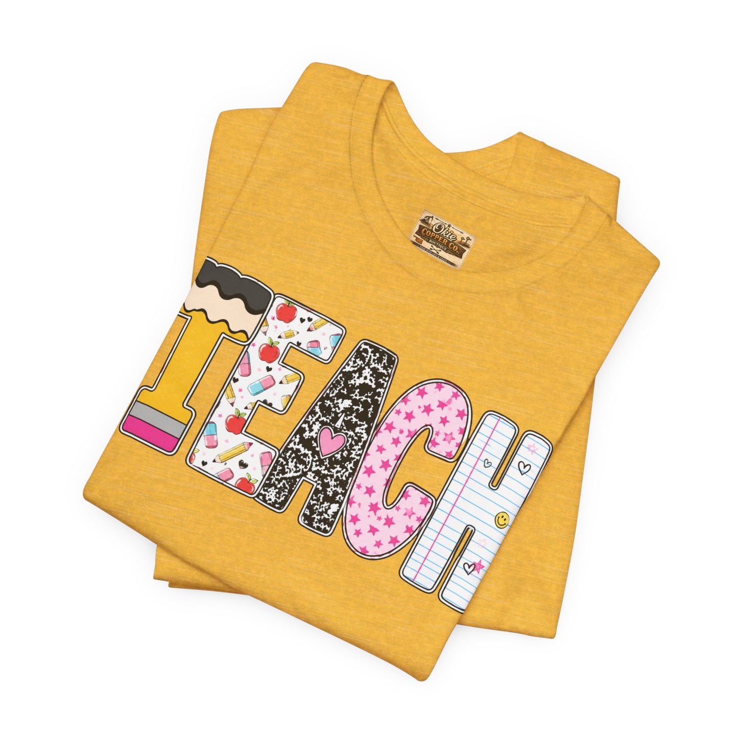 Teach Colorblock Graphic Tee – Cute Patterned Teacher T-Shirt