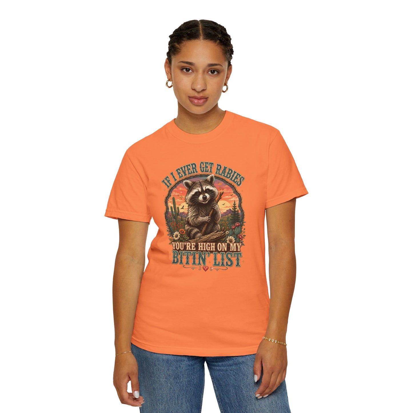 Raccoon Sunset T‑Shirt — “If I Ever Get Riches You’re High On My Bitin’ List” Funny Retro Graphic Tee