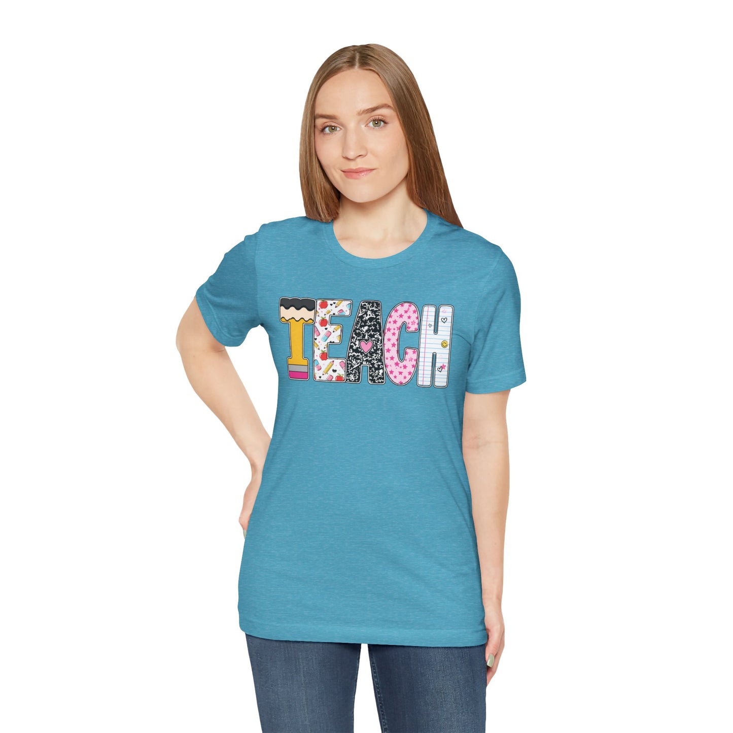 Teach Colorblock Graphic Tee – Cute Patterned Teacher T-Shirt