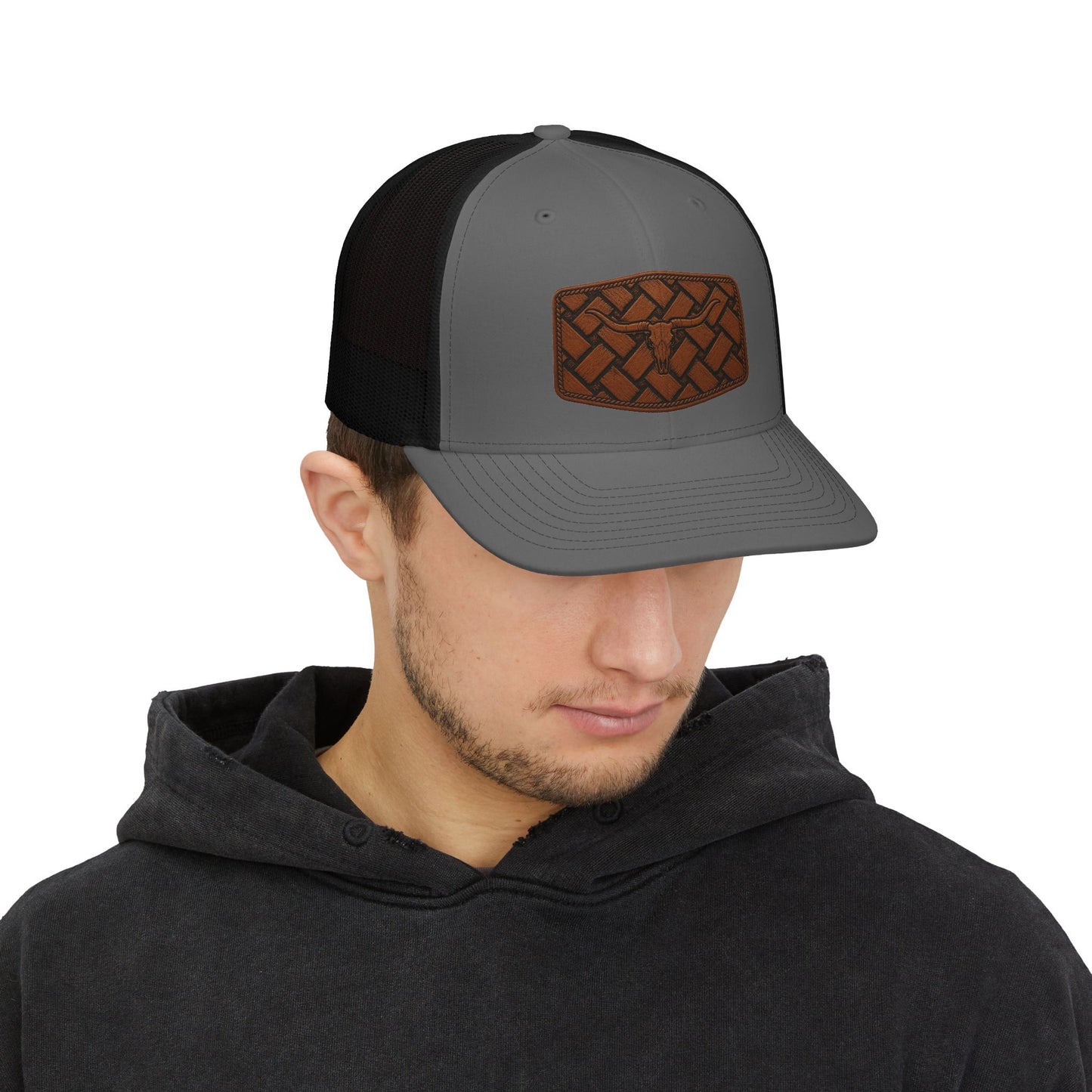 Brown Woven Leather Patch Trucker Cap