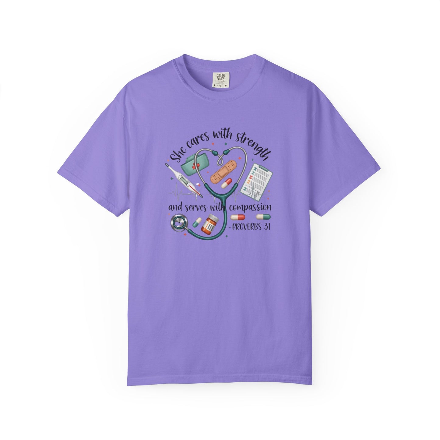 Nurse Heartbeat Graphic T-Shirt — "She Cares with Strength" Psalm 31 Christian Tee