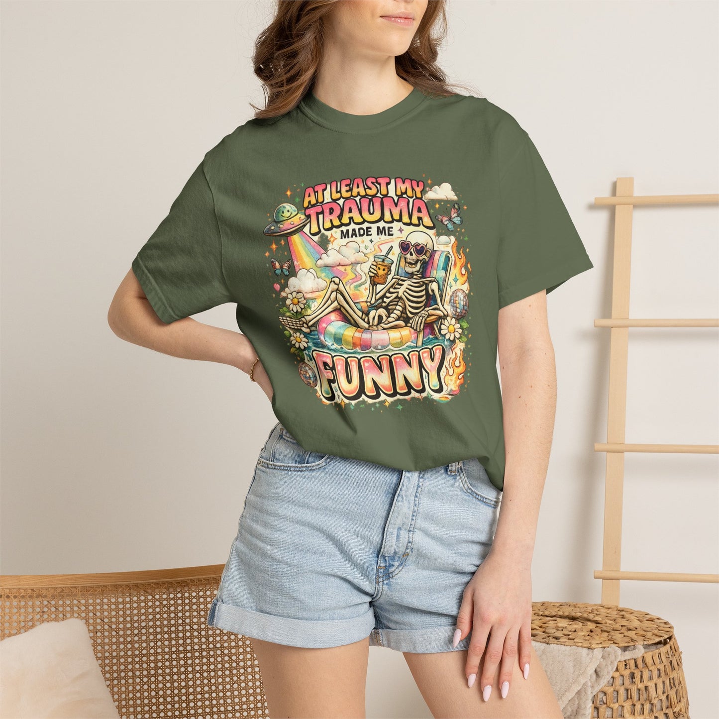 Funny Skeleton Graphic T-Shirt — "At Least My Trauma Made Me Funny"