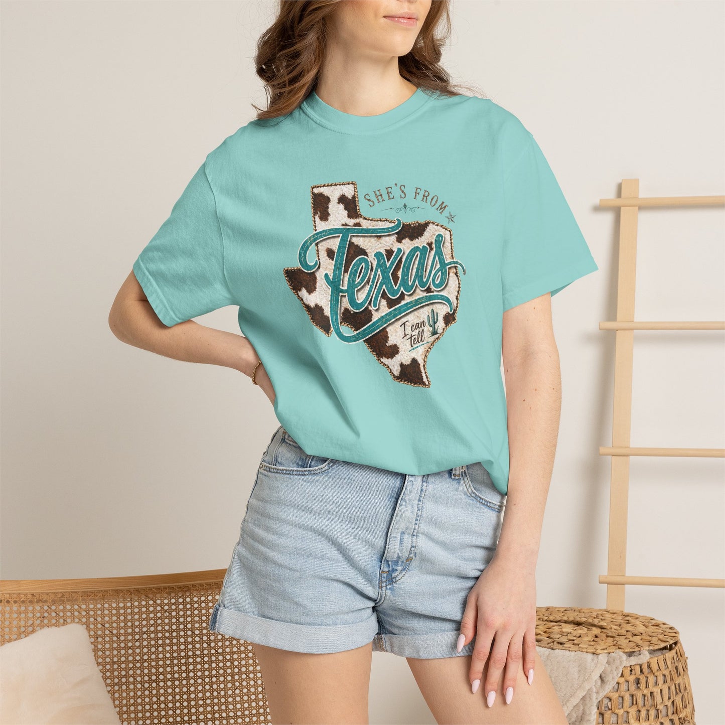 Texas Cowhide Graphic T-Shirt — "She's From Texas" Retro Western Tee