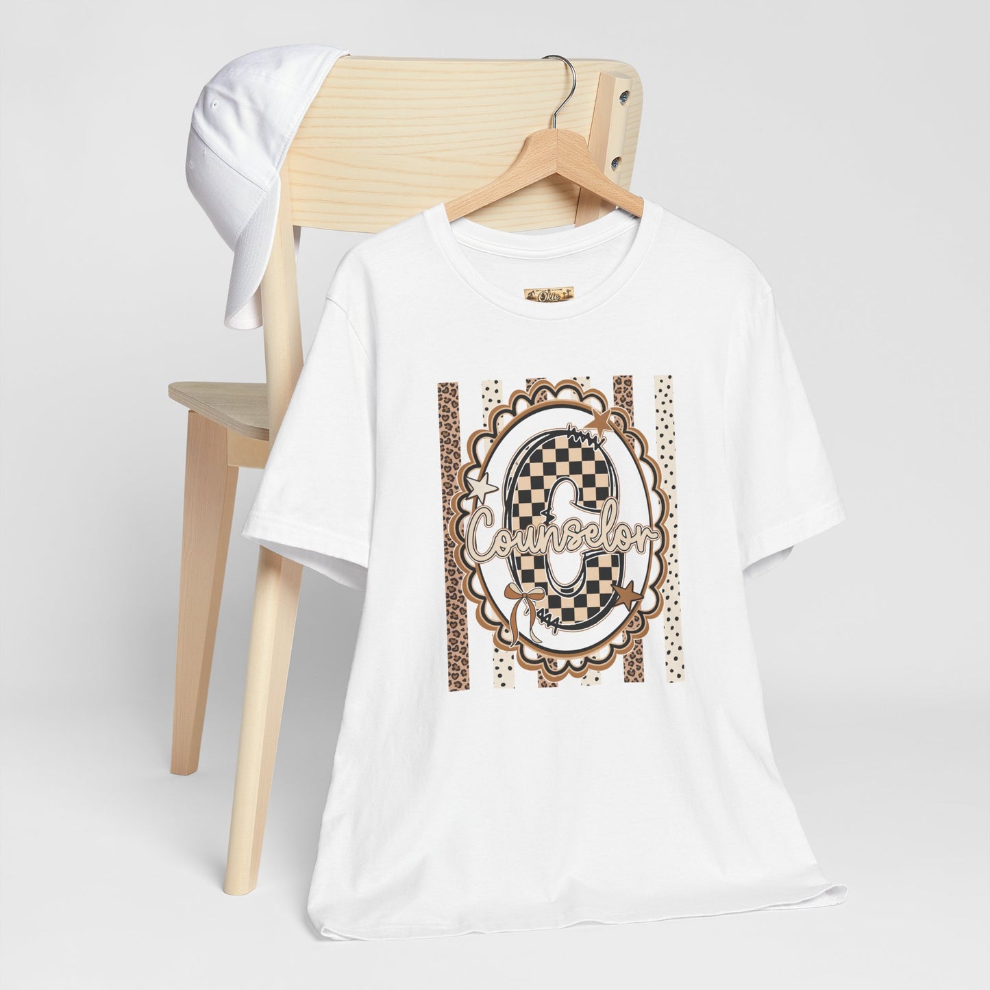Counselor Tee — Retro Checkerboard & Leopard Print Graphic T-Shirt