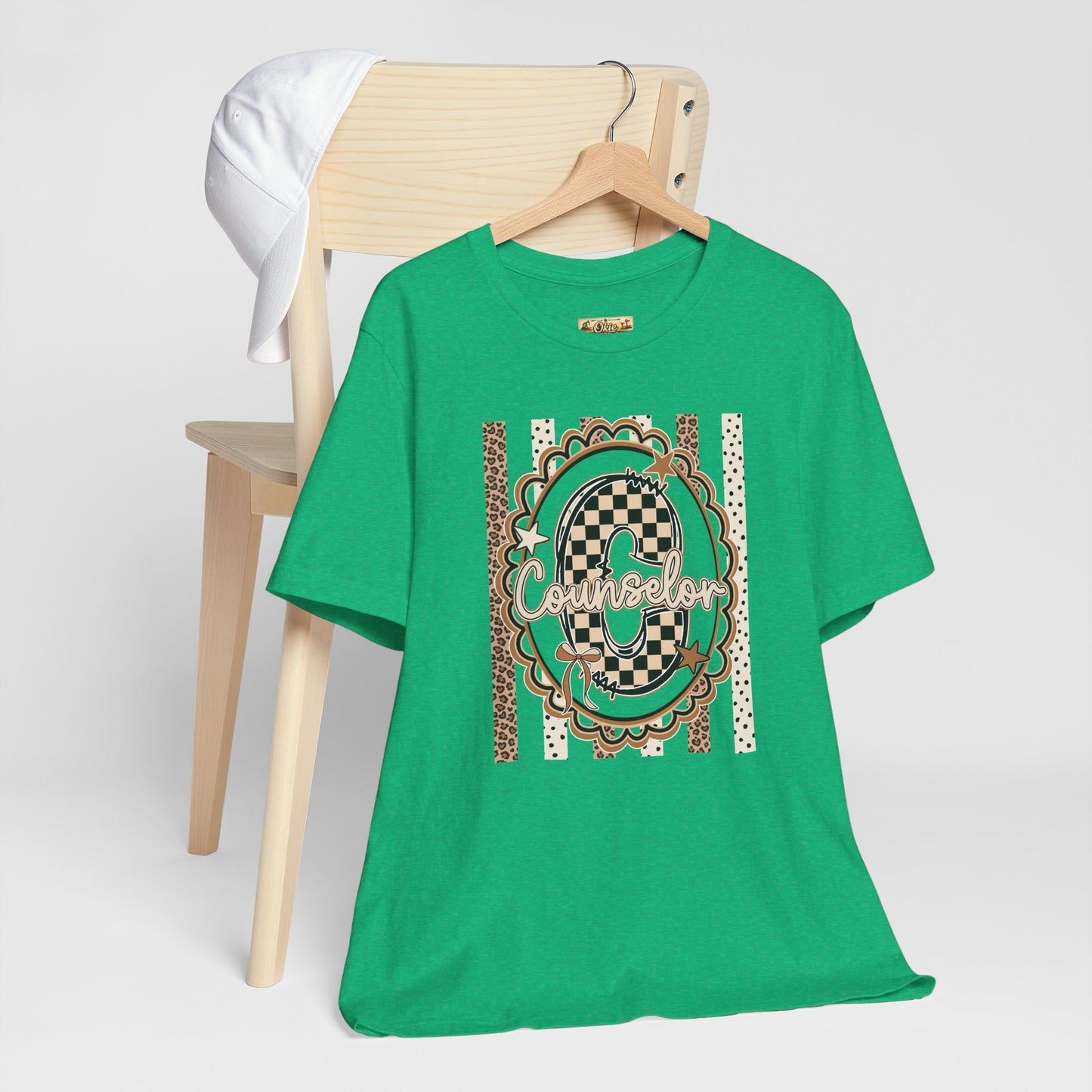 Counselor Tee — Retro Checkerboard & Leopard Print Graphic T-Shirt