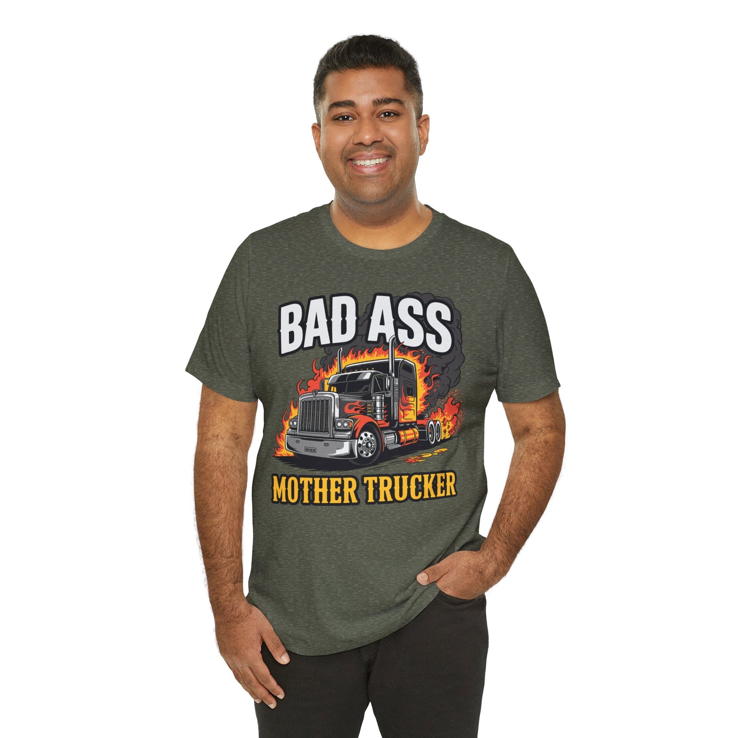 Bad Ass Mother Trucker Tee — Graphic Semi Truck Flames Shirt