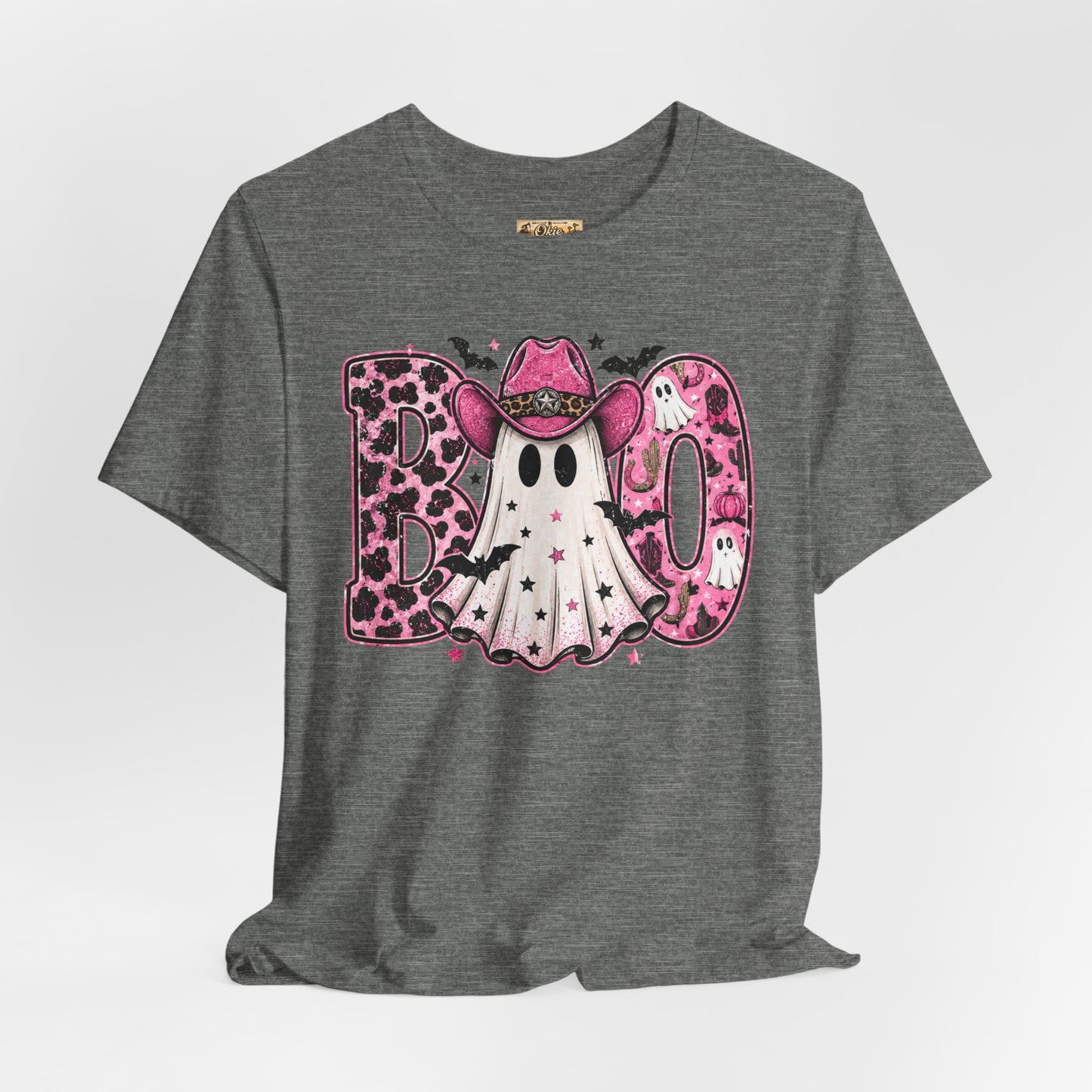 Boo Pink Leopard Ghost Tee — Cute Cowgirl Halloween T-Shirt