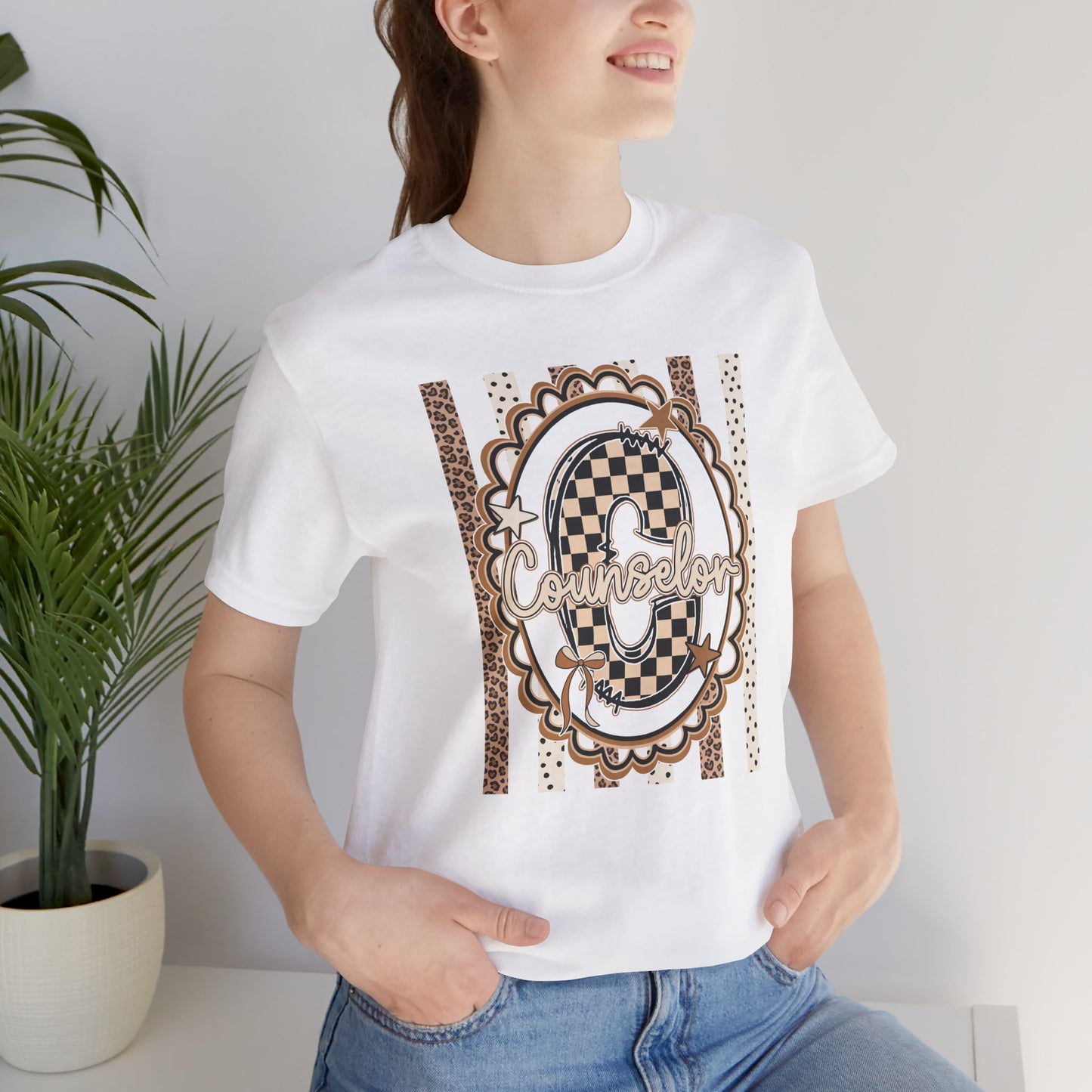 Counselor Tee — Retro Checkerboard & Leopard Print Graphic T-Shirt
