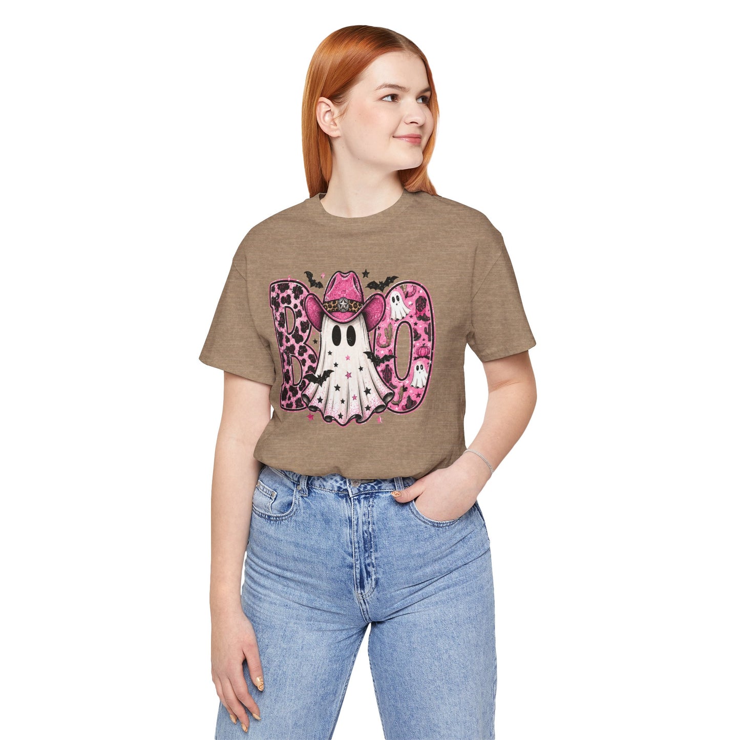 Boo Pink Leopard Ghost Tee — Cute Cowgirl Halloween T-Shirt