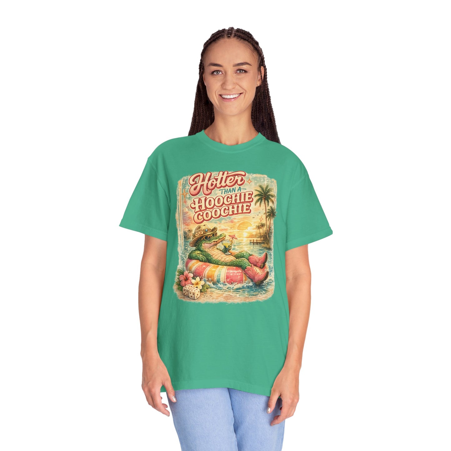 "Hotter Than a Hoochie Coochie" Retro Alligator Beach Graphic