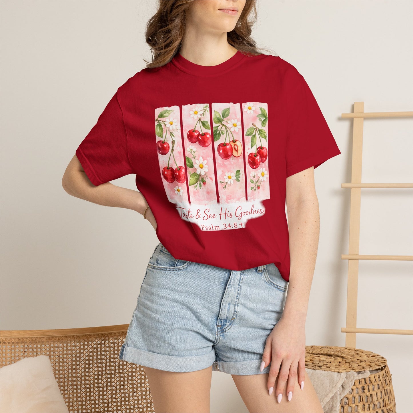 T-Shirt — "Taste & See His Goodness" Cherry Scripture Tee (Psalm 34:8)