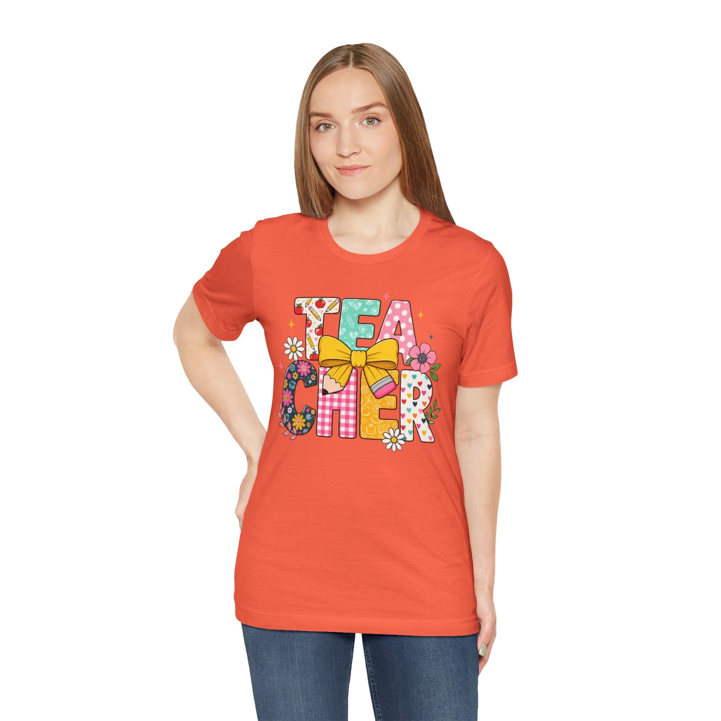 Teacher Floral Bow T-Shirt — Cute 'Teach er' Colorful School Shirt for Teachers