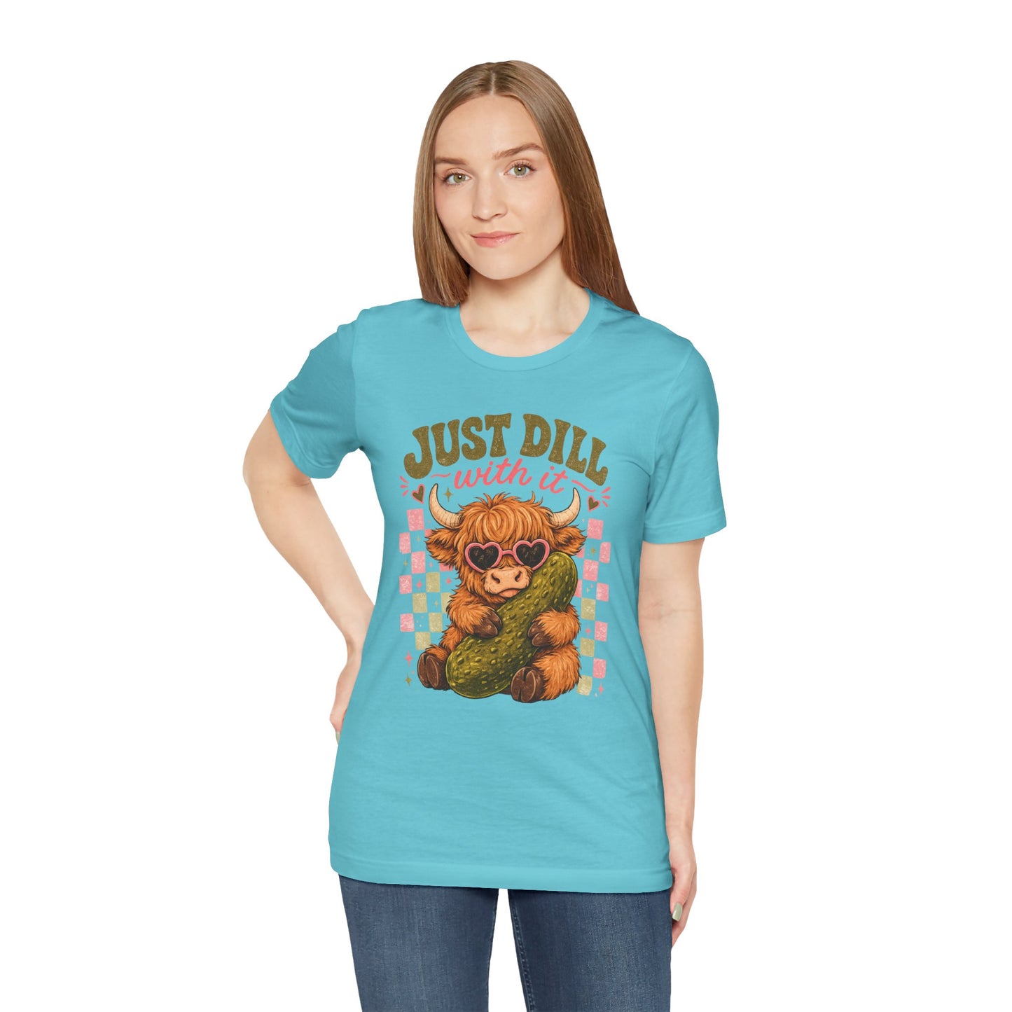 Just Dill With It Tee — Cute Highland Cow Hugging Pickle Graphic T‑Shirt