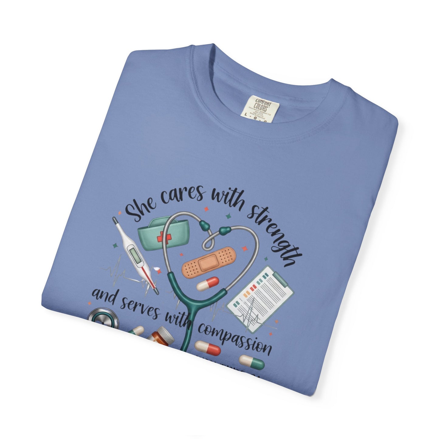 Nurse Heartbeat Graphic T-Shirt — "She Cares with Strength" Psalm 31 Christian Tee