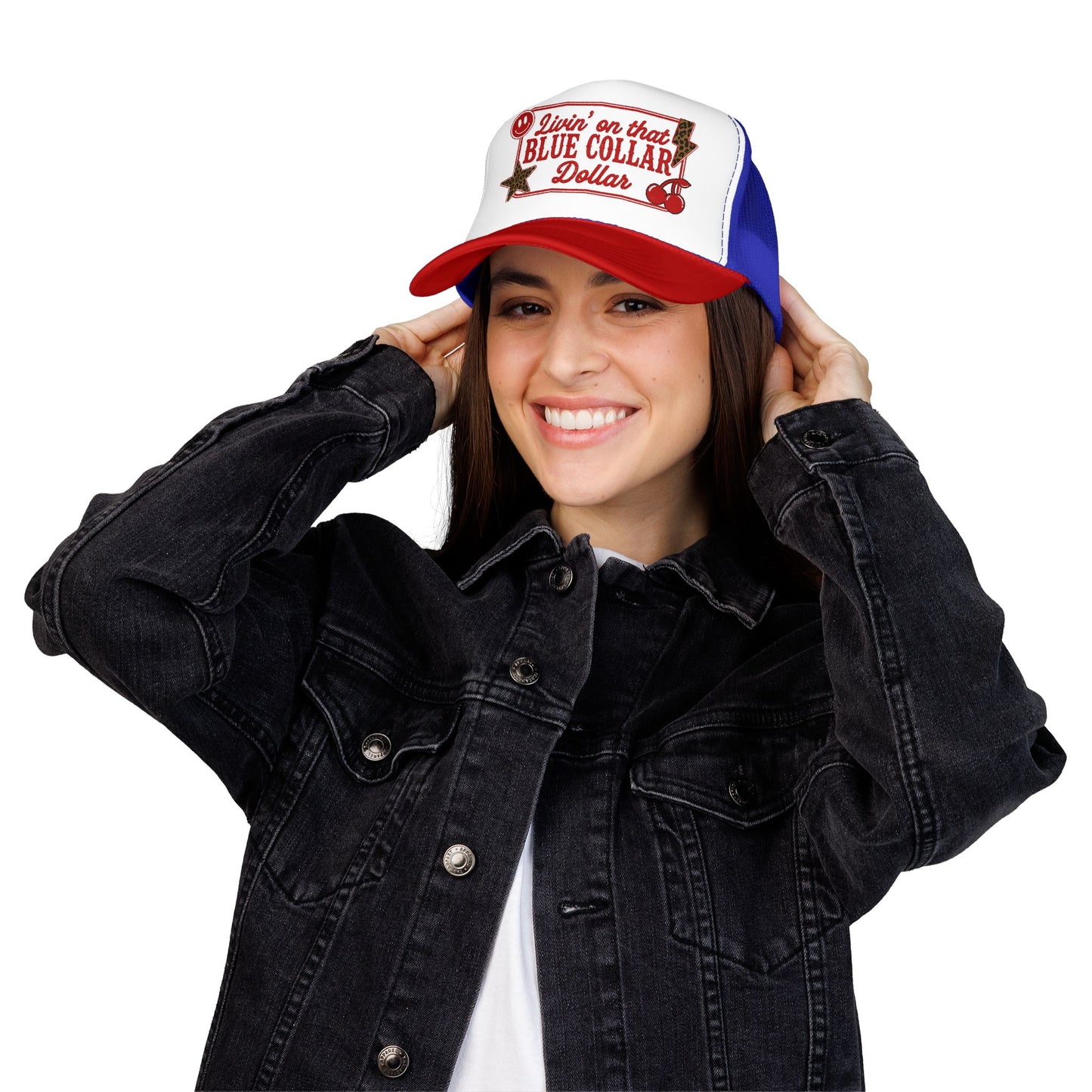 Livin' On That Blue Collar Dollar Foam Trucker Hat — Retro Workwear Cherry Patch