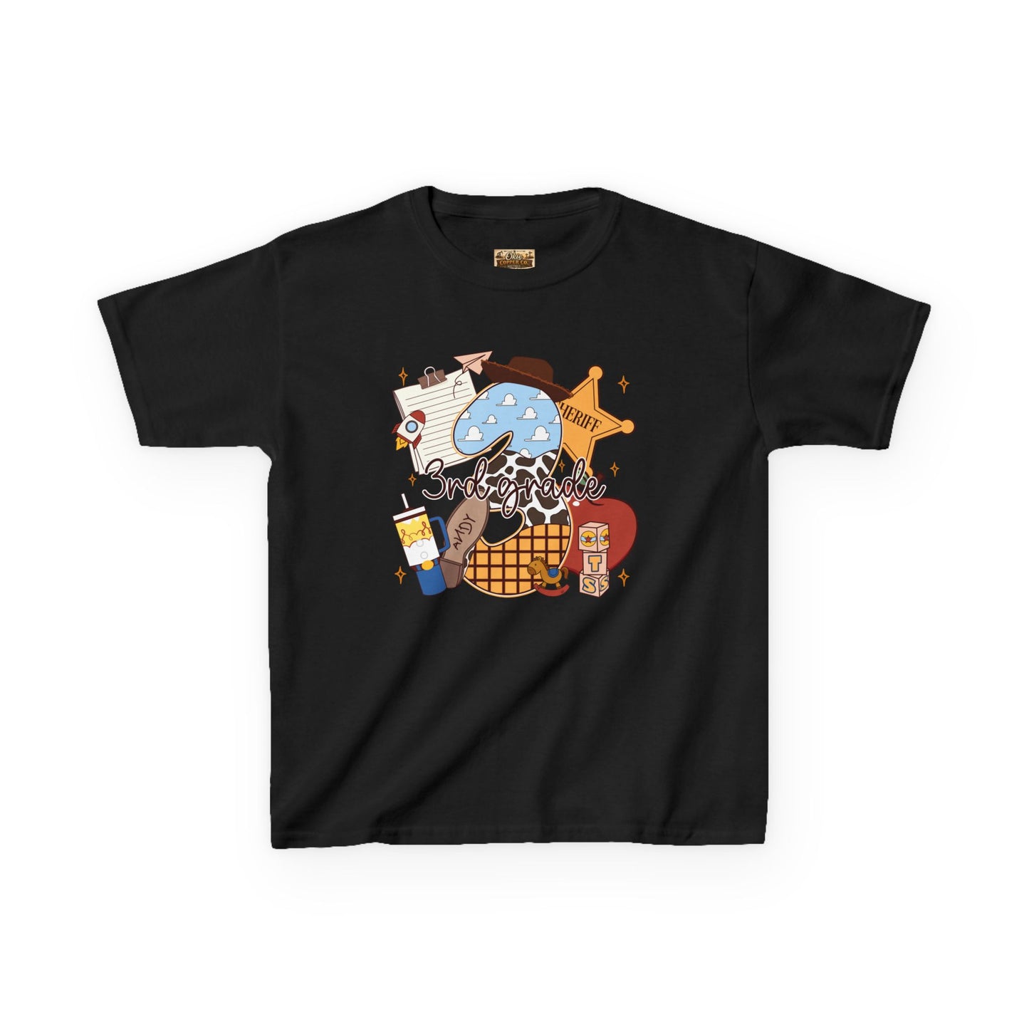 Kids Tee — 3rd Grade School Life Graphic (apple, donut, sheriff star)