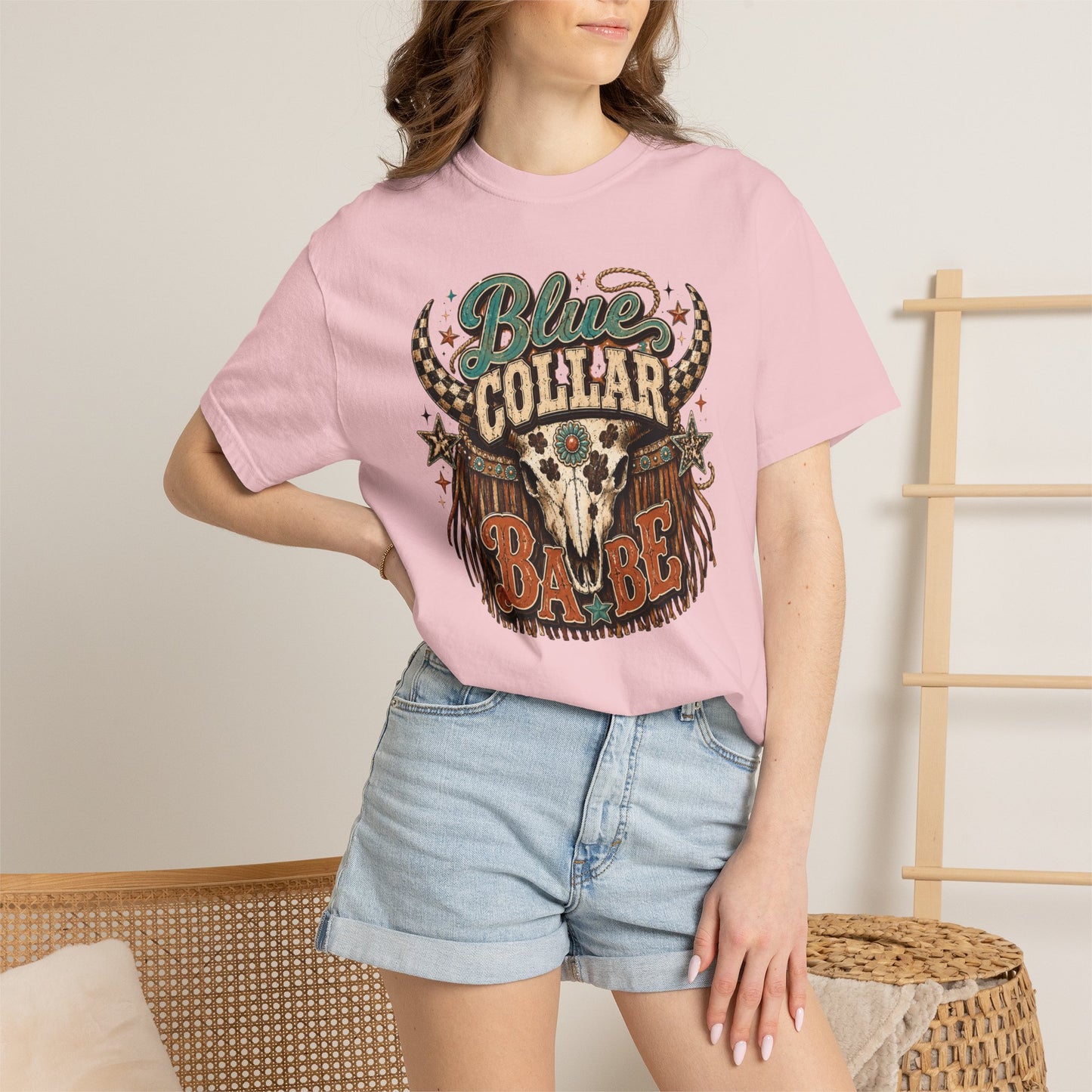 Blue Collar Babe Graphic T-Shirt — Western Skull Cowgirl Tee