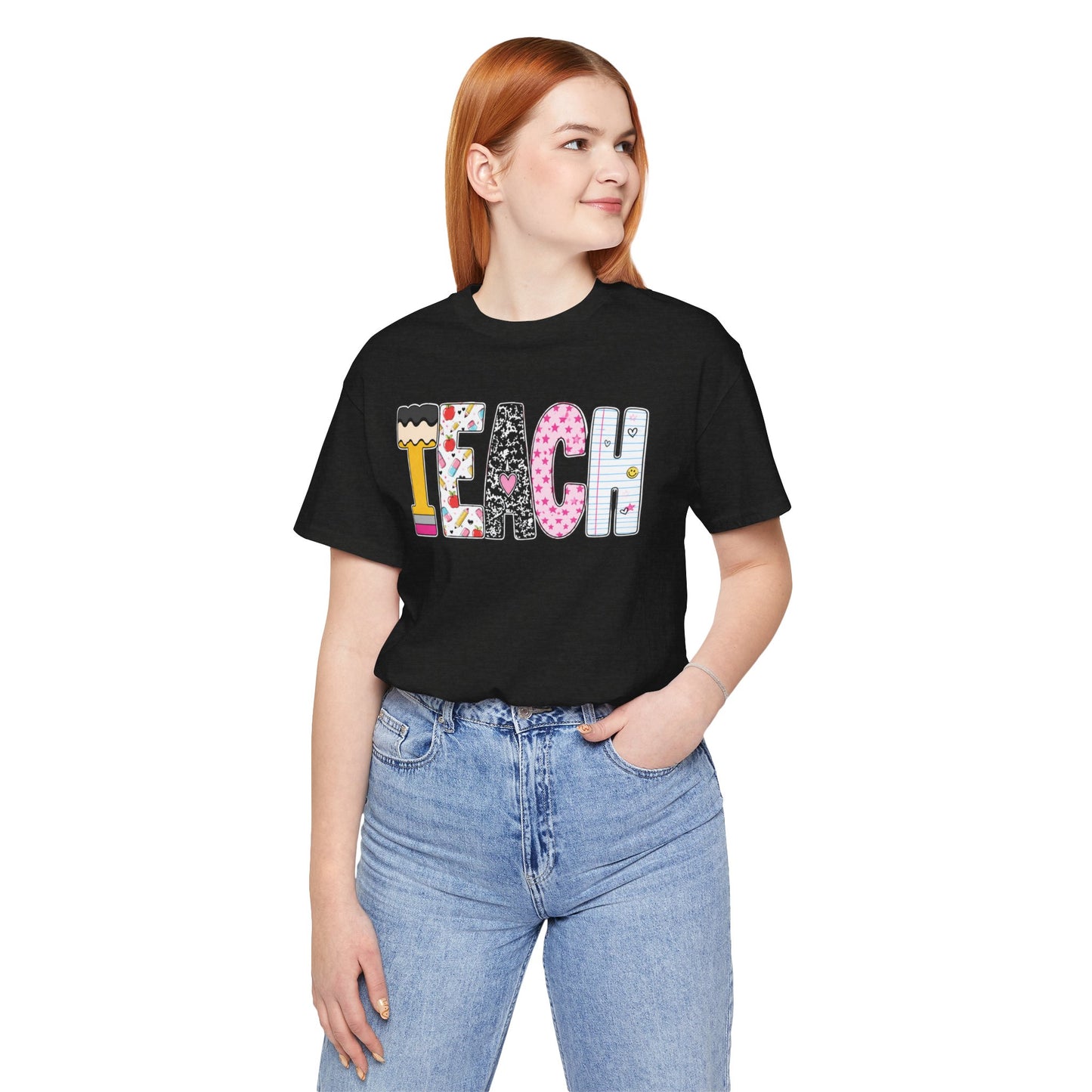 Teach Colorblock Graphic Tee – Cute Patterned Teacher T-Shirt