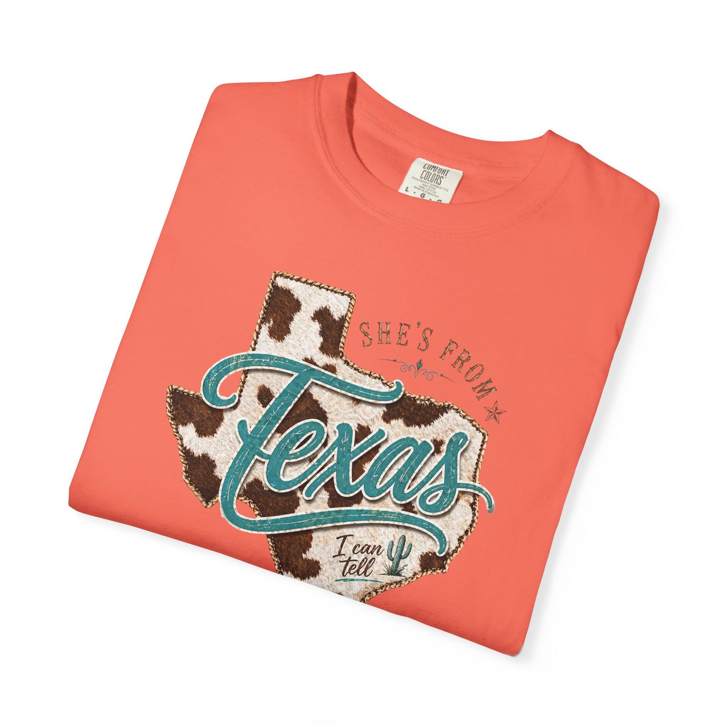 Texas Cowhide Graphic T-Shirt — "She's From Texas" Retro Western Tee