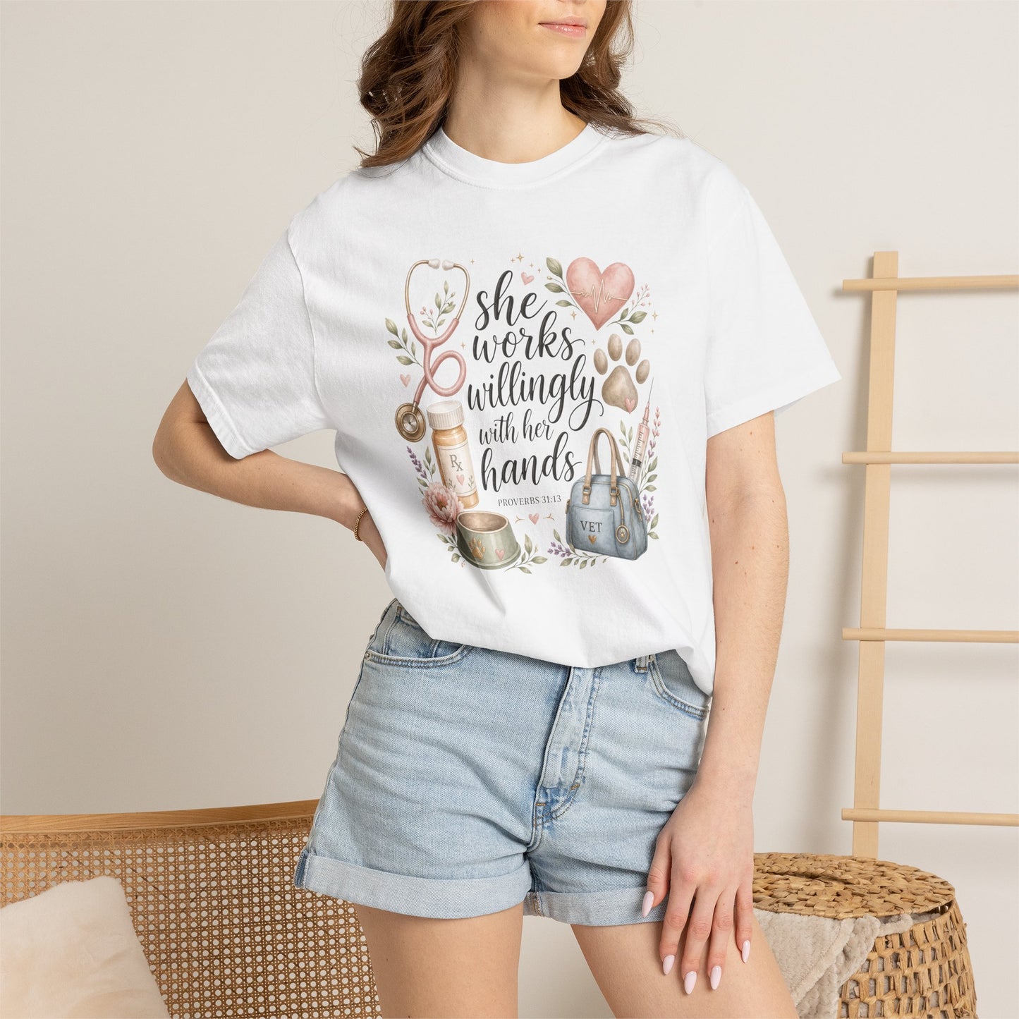 "She Works Willingly With Her Hands" Vet & Vet Tech Graphic Tee