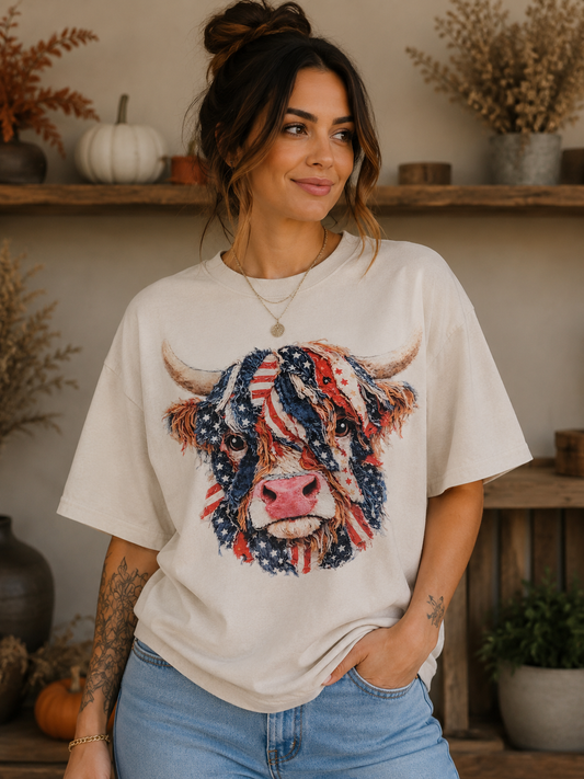 Pre-Order Patriotic Highland Cow Graphic Tee | Americana Western Cow Shirt