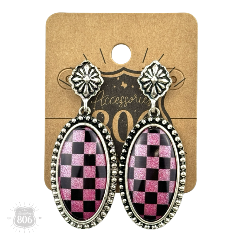 Checkerboard print oval earrings