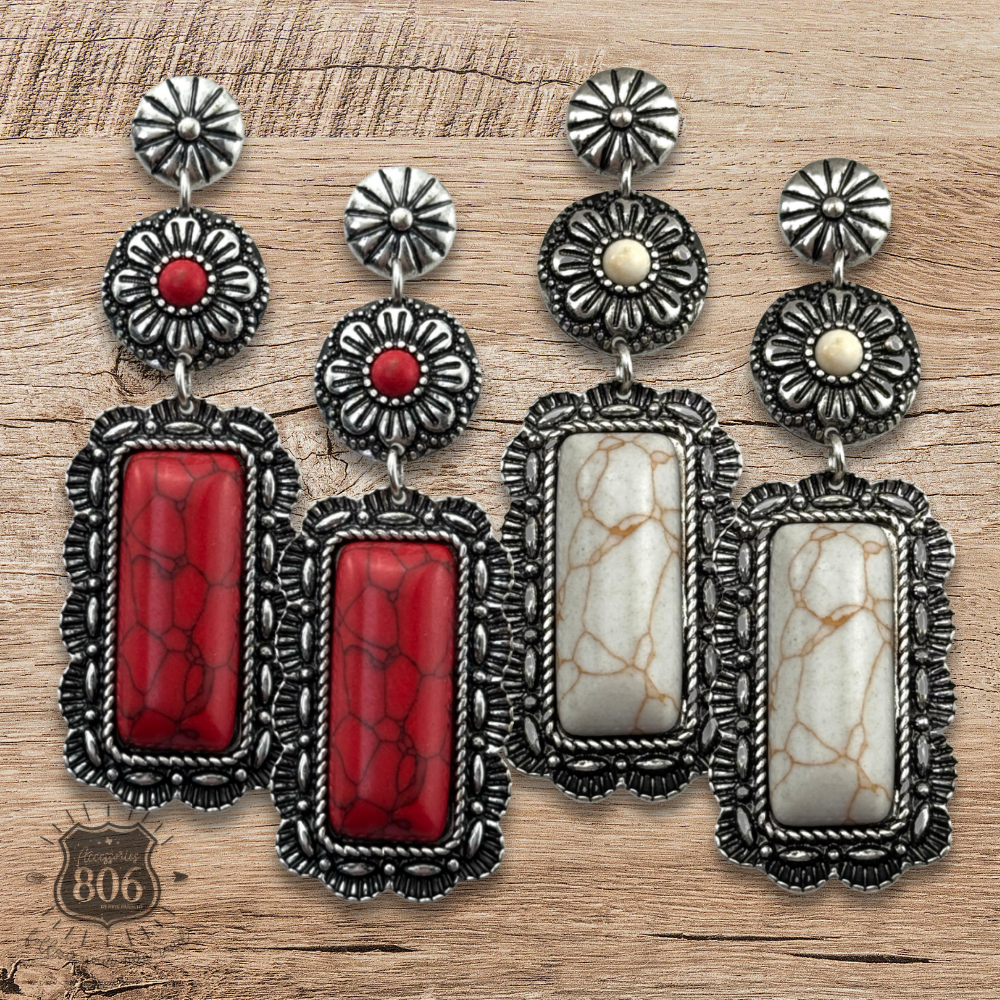 Western stone rectangle, silver post earring, last call
