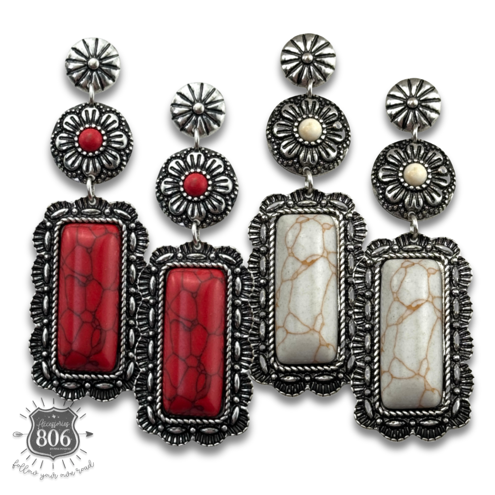 Western stone rectangle, silver post earring, last call
