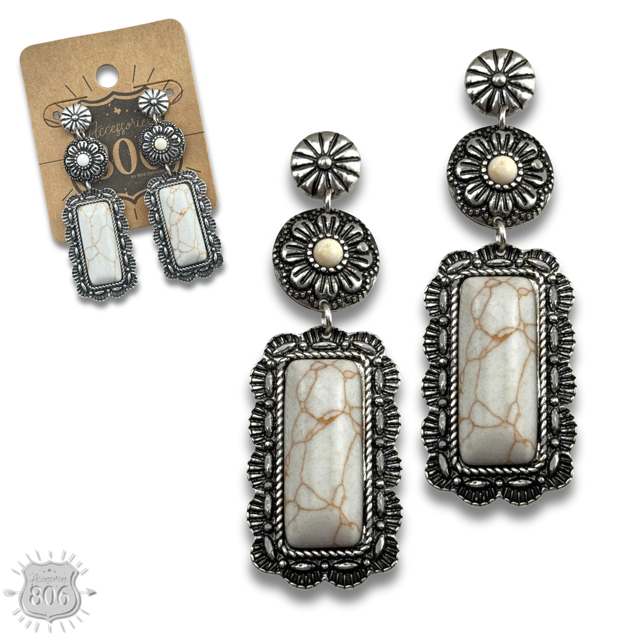 Western stone rectangle, silver post earring, last call