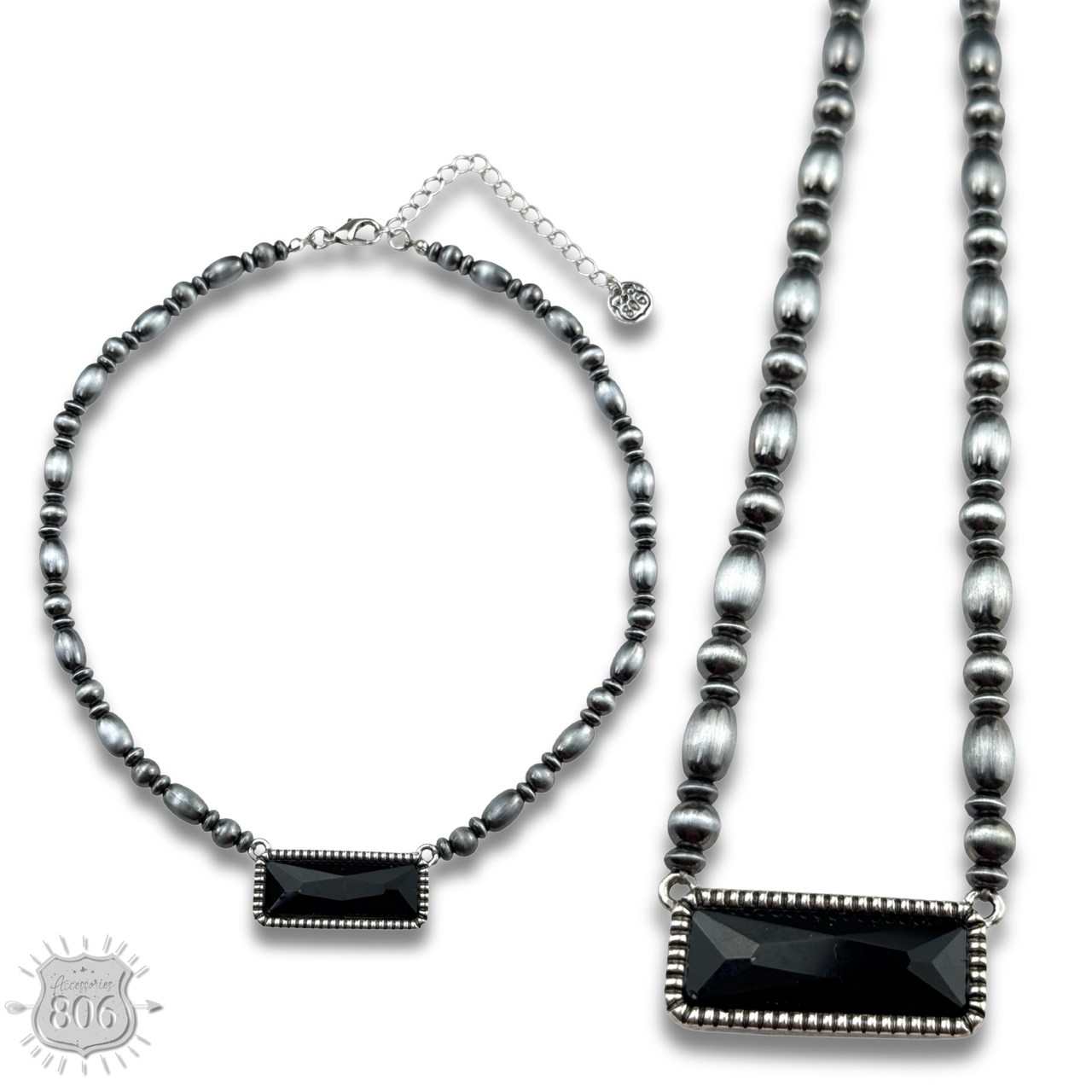 Rectangle rhinestone, burnished bead necklace